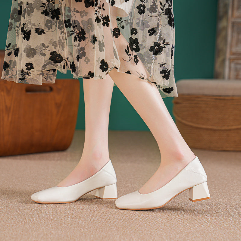 Women Minimalist Soft Comfort Leather Chunky Heel Pumps-RAIIFY