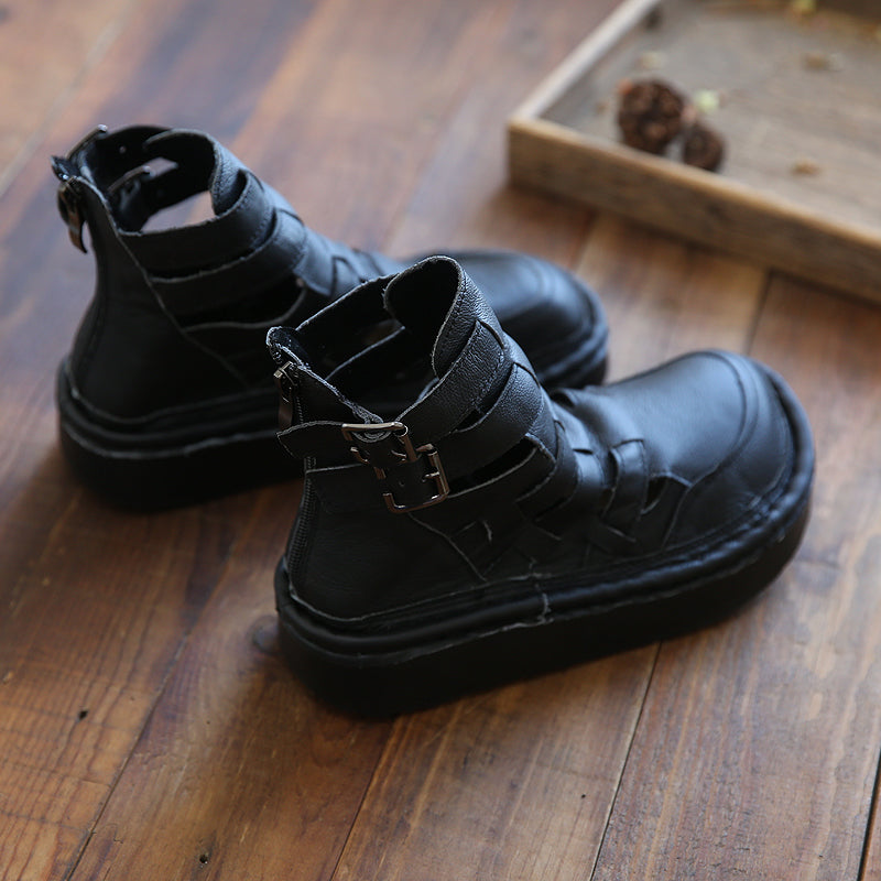 Women Retro Leather Hollow Round Head Sandals-RAIIFY