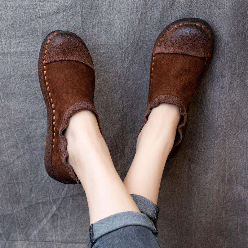 Women Autumn Retro Cowhide Soft Flat Shoes-RAIIFY