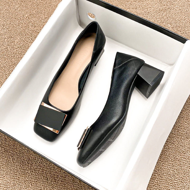 Women Fashion Casual Leather Chunky Heel Pumps-RAIIFY