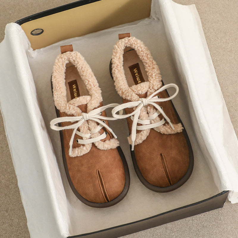 Women Retro Leather Furred Flat Casual Shoes-RAIIFY