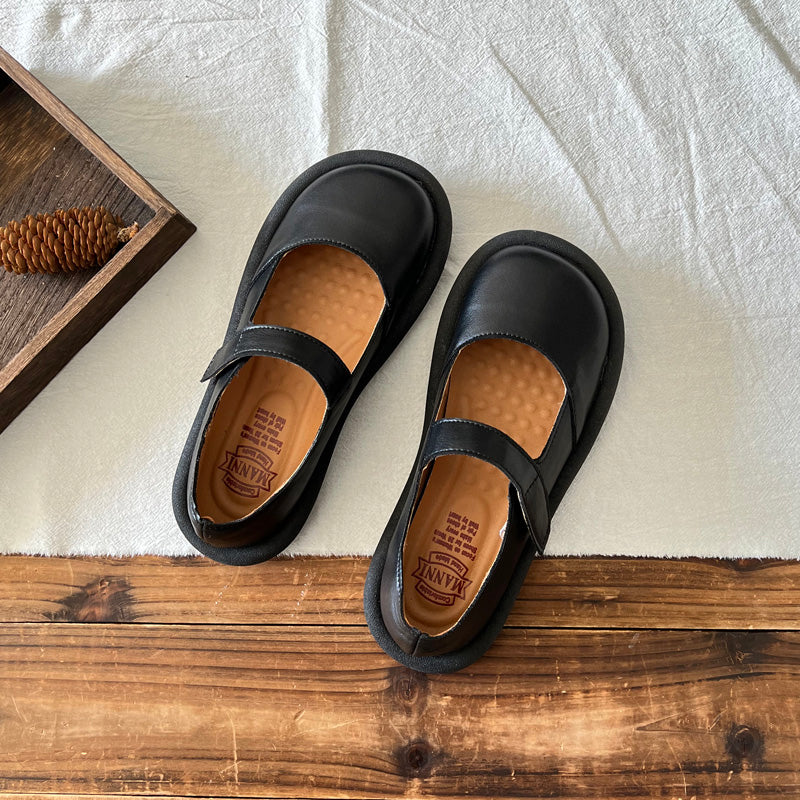 Women Retro Leather Velcro Tape Flat Loafers-RAIIFY