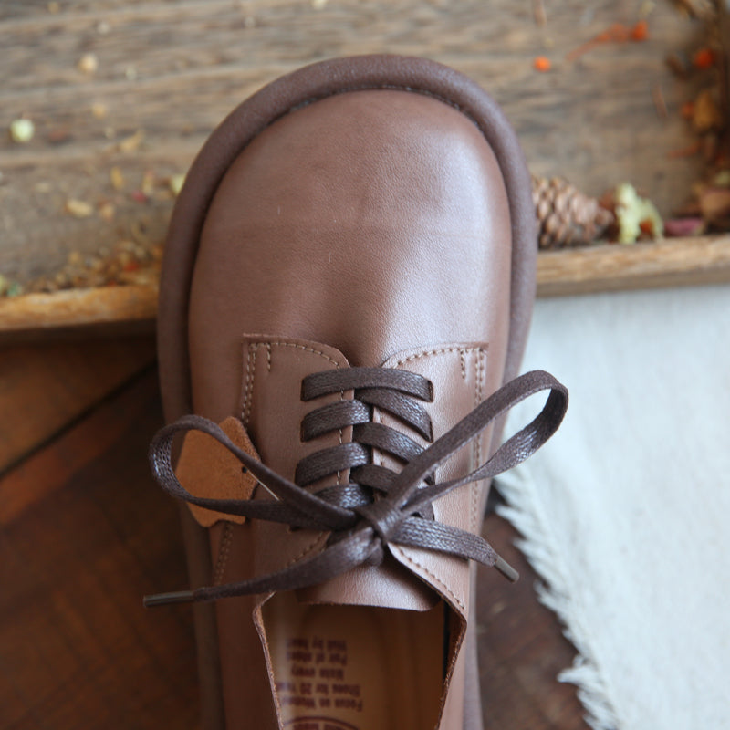 Women Soft Cowhide Round Head Retro Loafers-RAIIFY