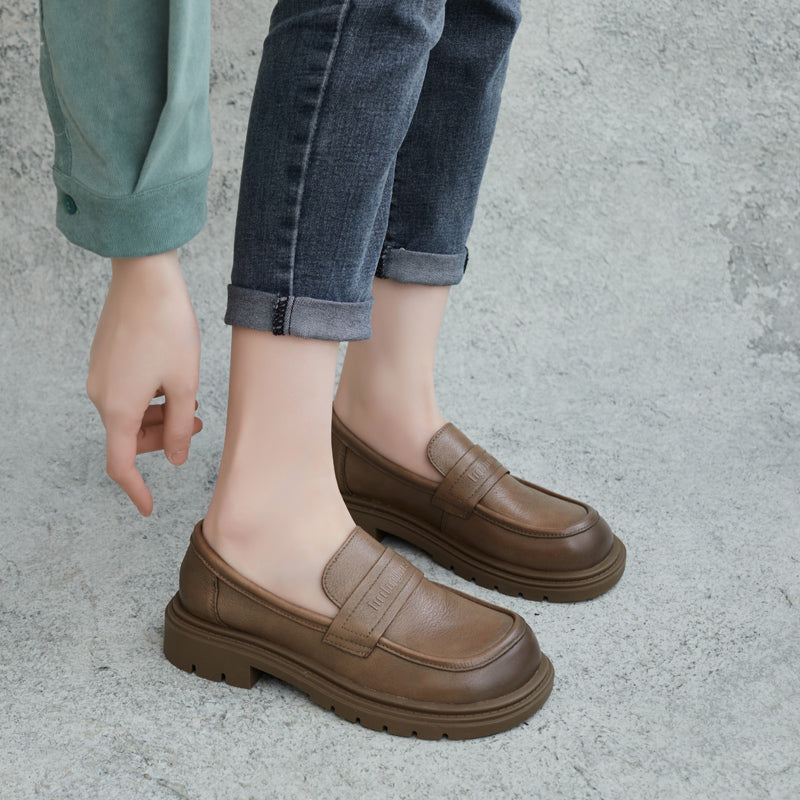 Women Retro Leather Lug Sole Loafers-RAIIFY