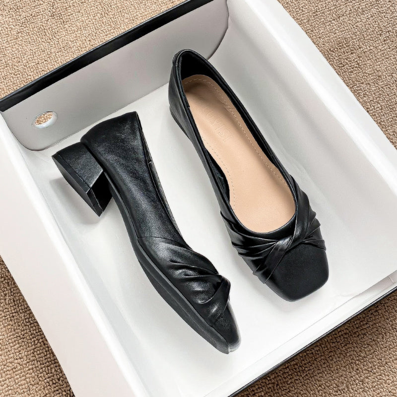 Women Retro Casual Leather Chunky Low Heel Pumps-RAIIFY