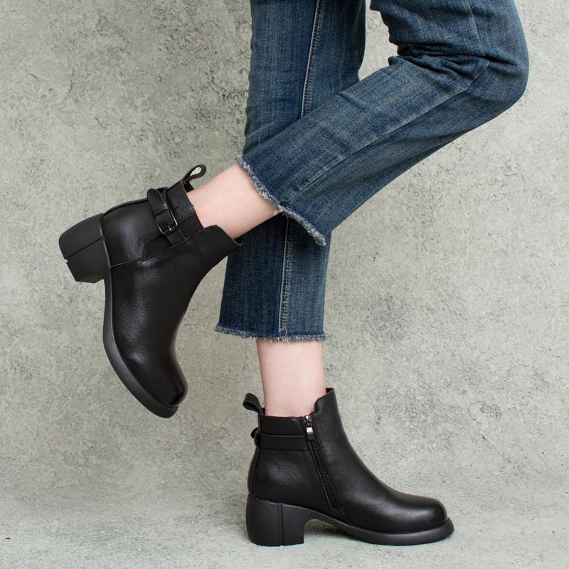Women Handmade Casual Leather Chunky Heel Boots-RAIIFY