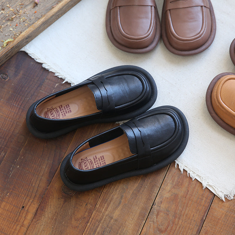 Women Retro Solid Leather Casual Loafers-RAIIFY