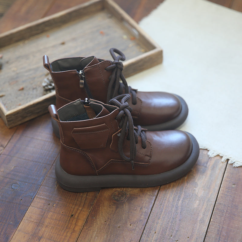 Women Retro Cowhide Round Head Boots-RAIIFY