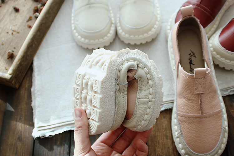 Women Retro Solid White Leather Casual Shoes-RAIIFY