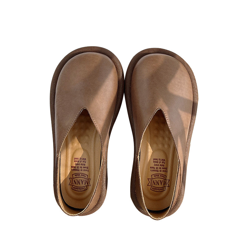 Women Retro Solid Soft Leather Flat Loafers-RAIIFY