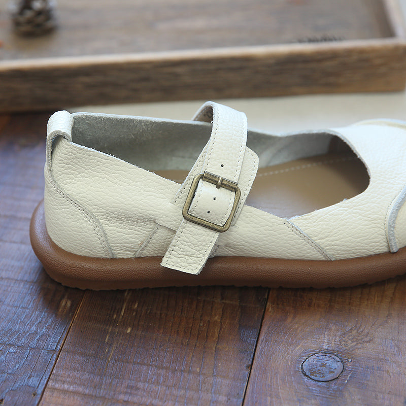 Women Retro Soft Leather Buckle Flats Shoes-RAIIFY