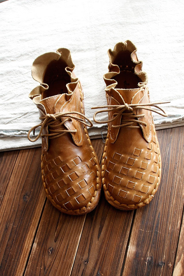 Women Handmade Plaited Leather Casual Boots-RAIIFY