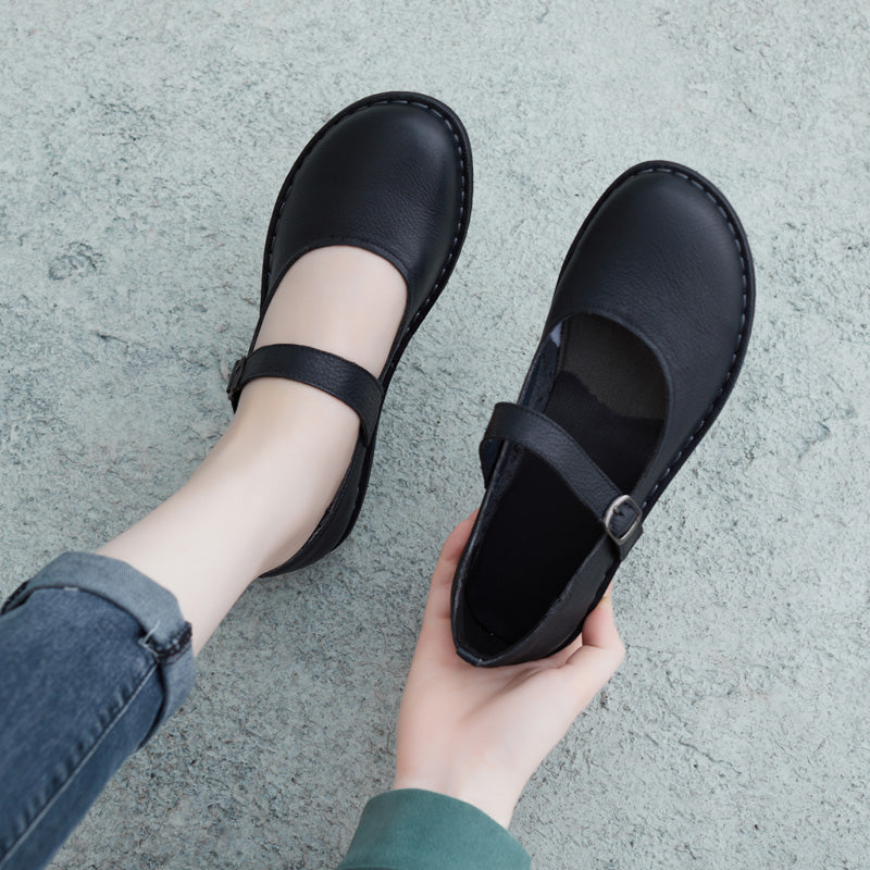 Women Casual Retro Leather Handmade Buckle Flats-RAIIFY