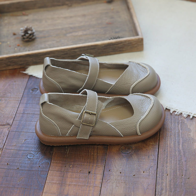 Women Retro Soft Leather Buckle Flats Shoes-RAIIFY