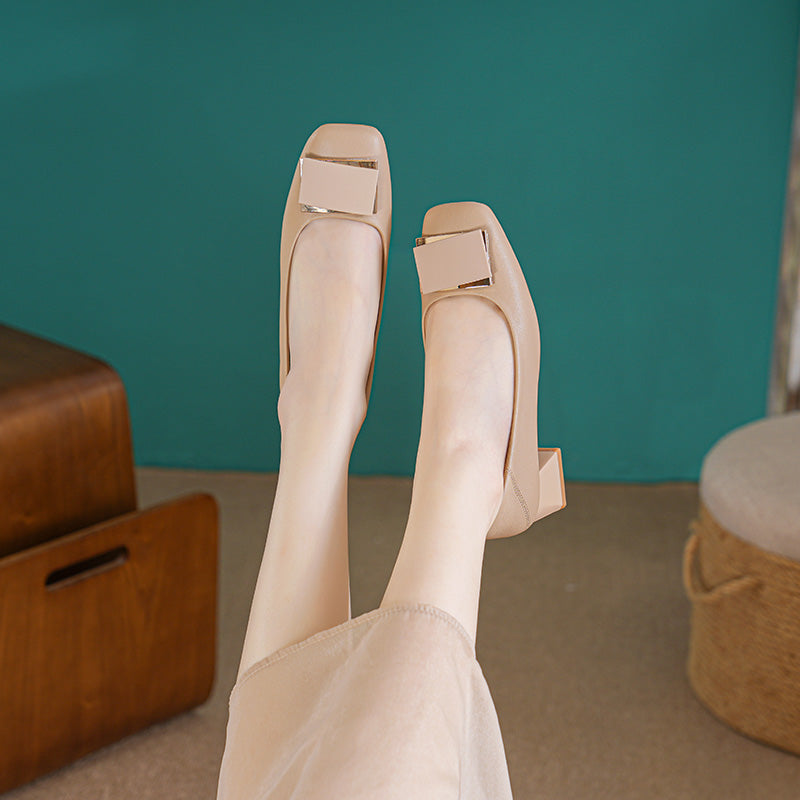 Women Fashion Casual Leather Chunky Heel Pumps-RAIIFY