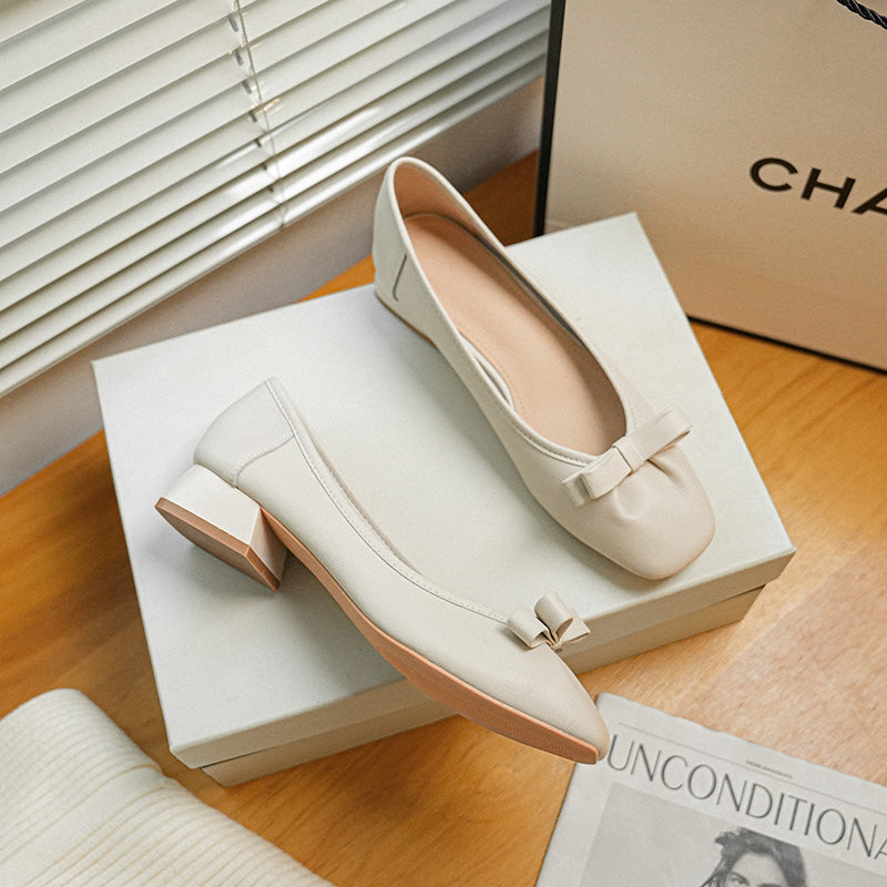 Women Casual Leather Low Chunky Heel Pumps-RAIIFY