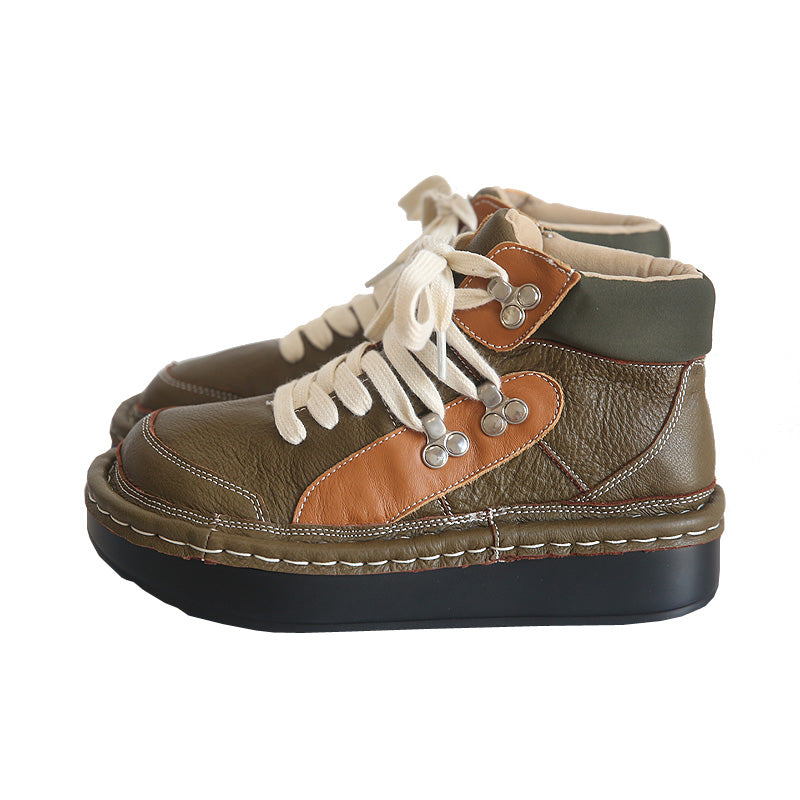 Women Retro Round Head Cowhide Casual Boots-RAIIFY