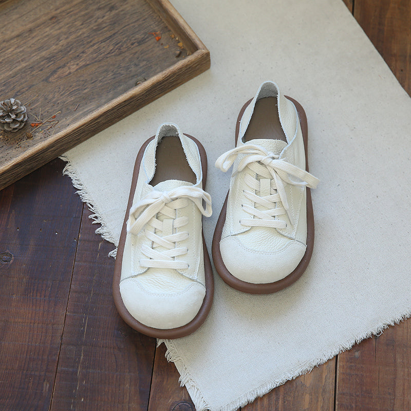 Women Retro Round Head Cowhide Soft Flat Casual Shoes-RAIIFY