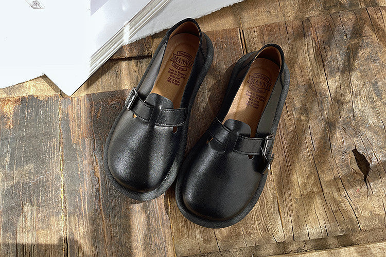 Women Retro Buckled Leather Casual Shoes-RAIIFY