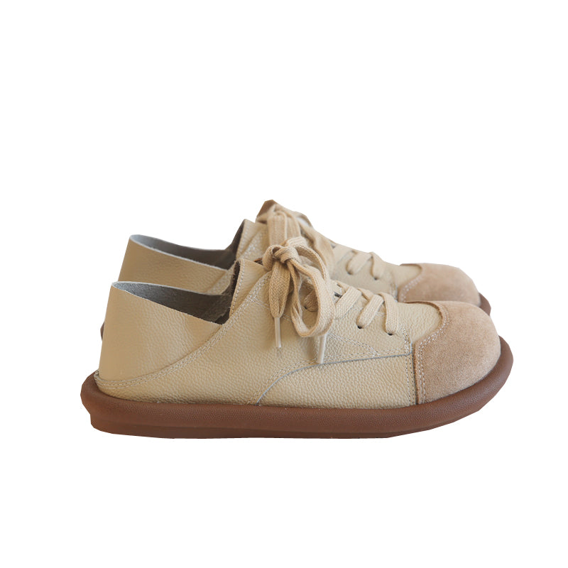 Women Retro Round Head Cowhide Soft Flat Casual Shoes-RAIIFY