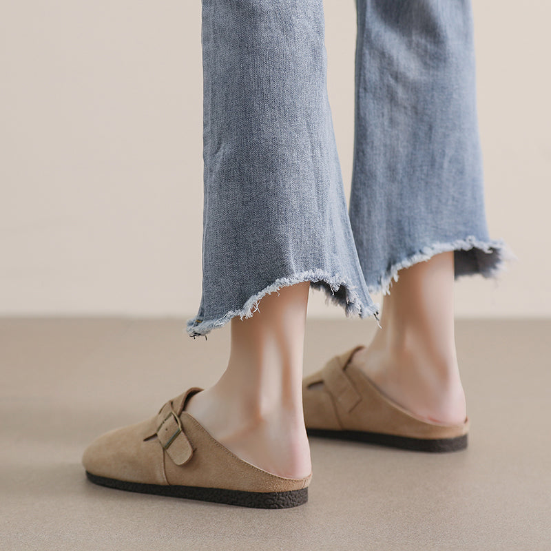Women Retro Solid Suede Buckle Flat Slippers-RAIIFY
