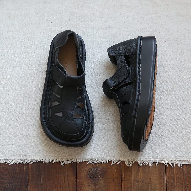 Women Summer Hollow Leather Platform Sandals-RAIIFY