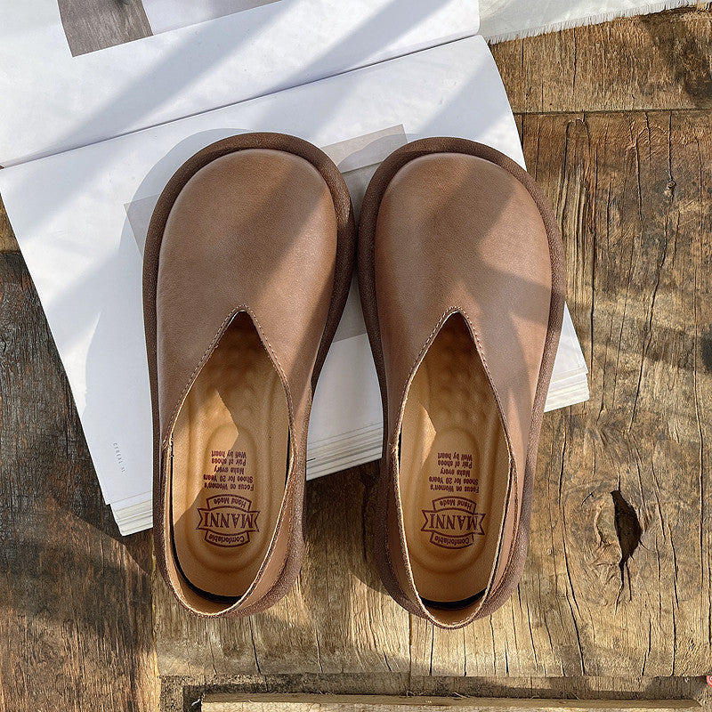 Women Retro Solid Soft Leather Flat Loafers-RAIIFY
