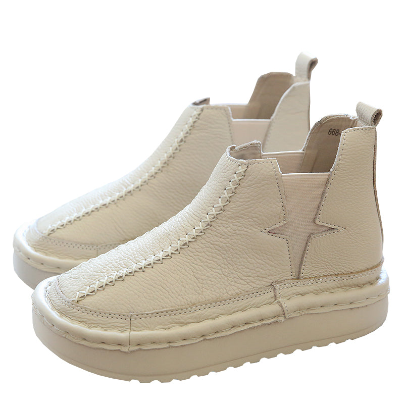 Women Retro Leather Handmade Round Head Ankle Boots-RAIIFY