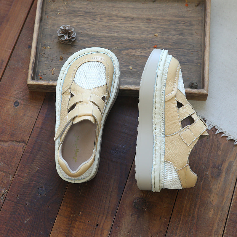 Women Casual Cowhide Mesh Patchwork Thick Soled Sandals-RAIIFY