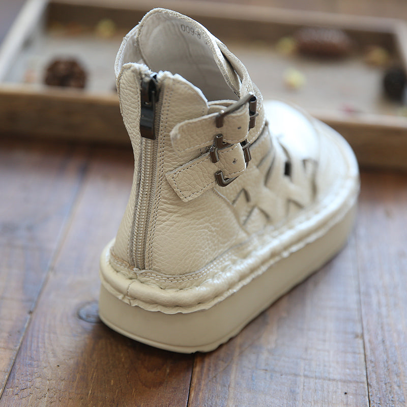 Women Retro Leather Hollow Round Head Sandals-RAIIFY