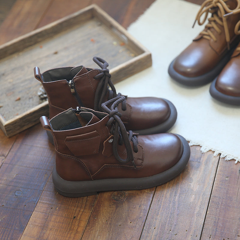 Women Retro Cowhide Round Head Boots-RAIIFY