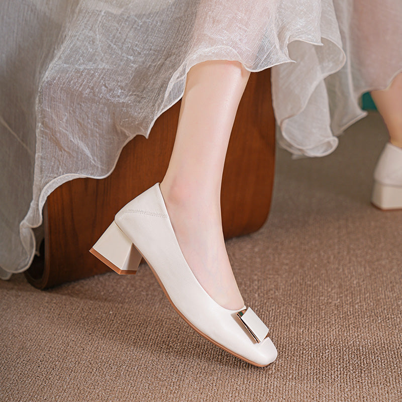 Women Fashion Casual Leather Chunky Heel Pumps-RAIIFY