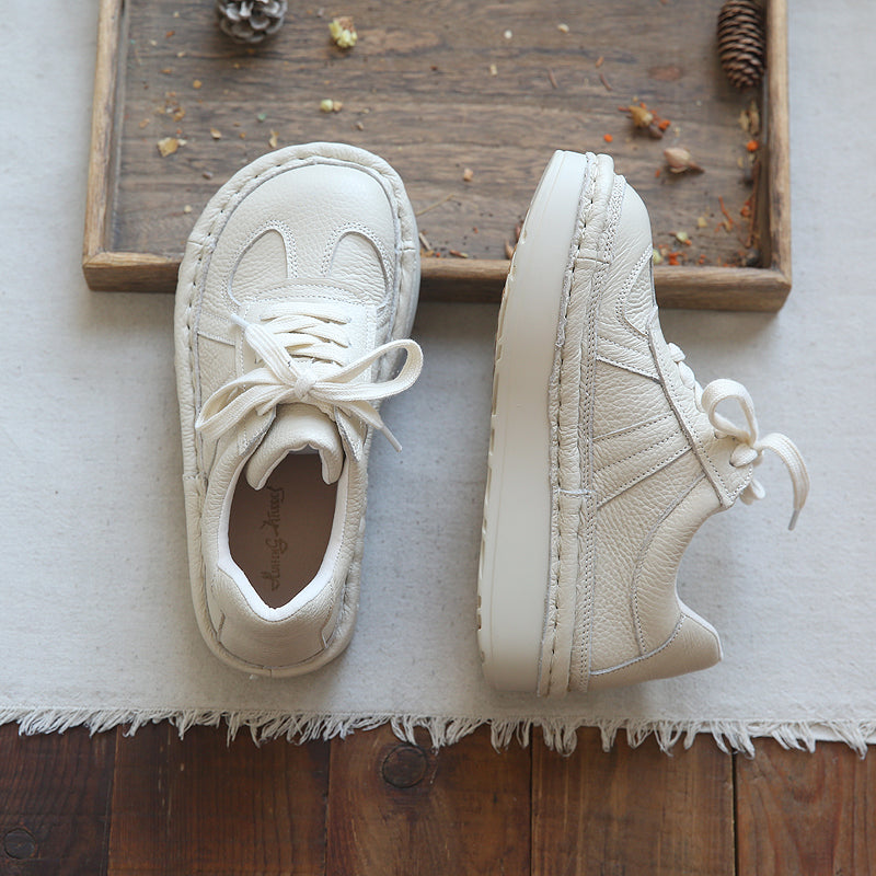 Women Retro Patchwork Leather Thick Sole Casual Shoes-RAIIFY