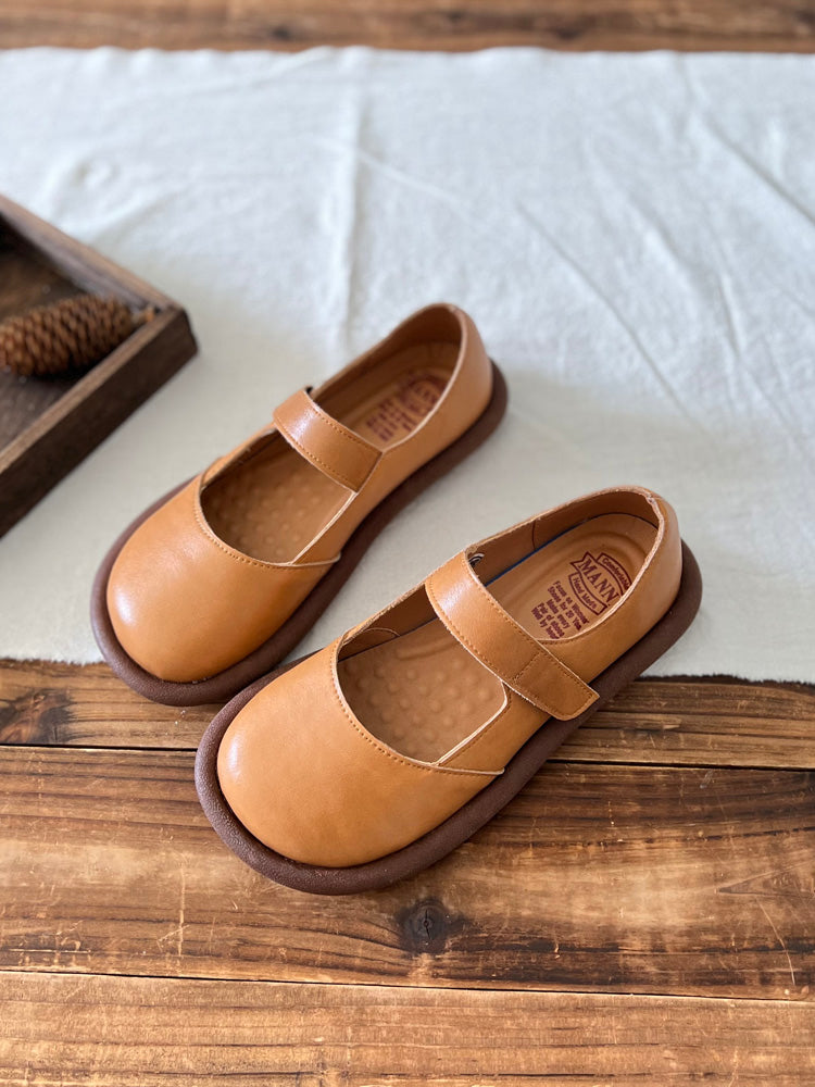 Women Retro Leather Velcro Tape Flat Loafers-RAIIFY