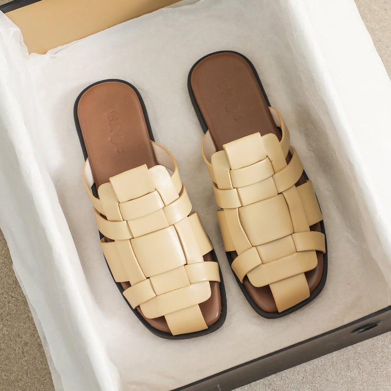 Women Summer Plaited Leather Slide Sandals-RAIIFY