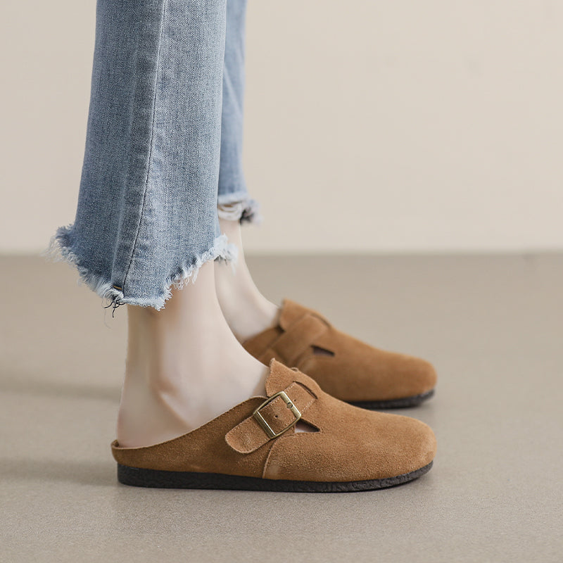 Women Retro Solid Suede Buckle Flat Slippers-RAIIFY