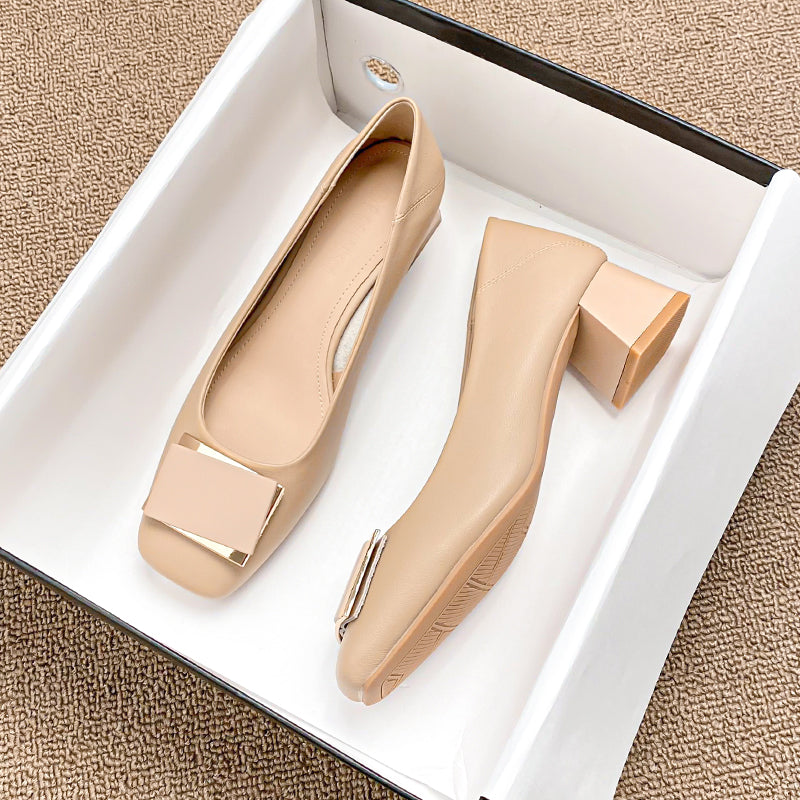 Women Fashion Casual Leather Chunky Heel Pumps-RAIIFY