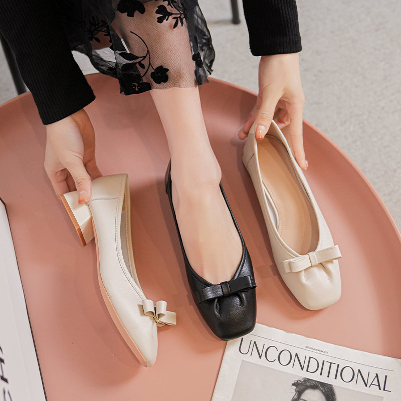 Women Casual Leather Low Chunky Heel Pumps-RAIIFY