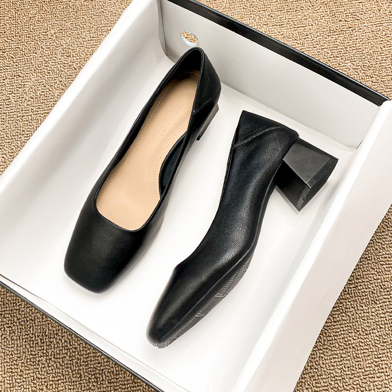 Women Minimalist Soft Comfort Leather Chunky Heel Pumps-RAIIFY