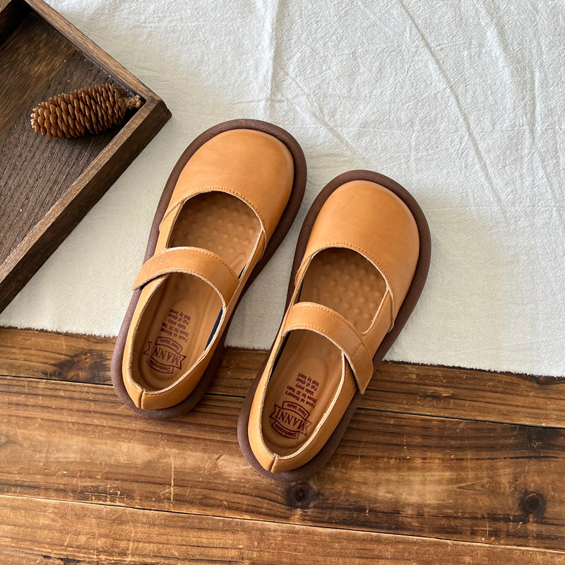 Women Retro Leather Velcro Tape Flat Loafers-RAIIFY