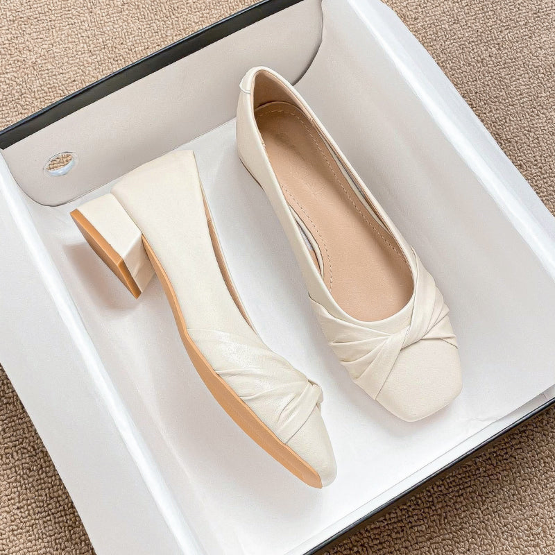 Women Retro Casual Leather Chunky Low Heel Pumps-RAIIFY