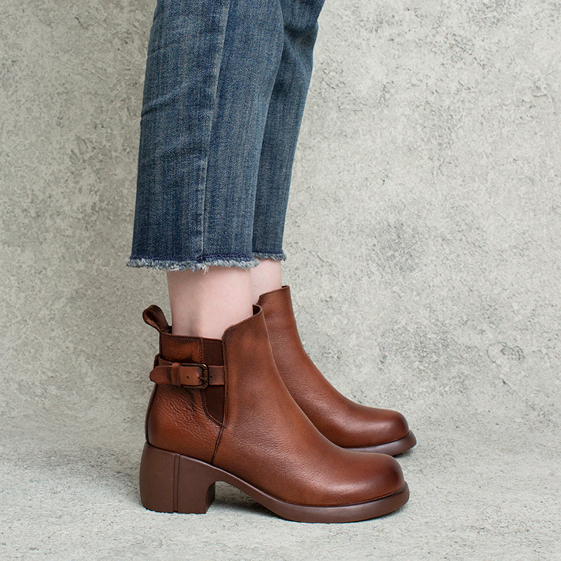 Women Handmade Casual Leather Chunky Heel Boots-RAIIFY