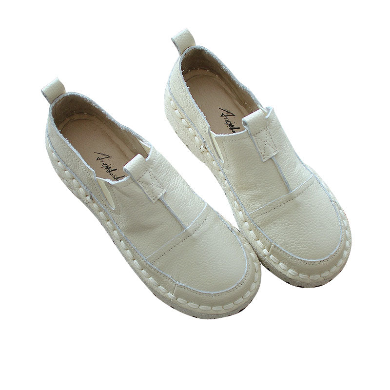 Women Retro Solid White Leather Casual Shoes-RAIIFY