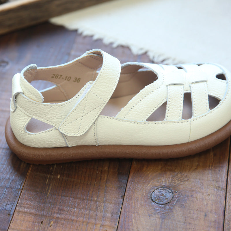 Women Retro Hollow Leather Flat Casual Sandals-RAIIFY