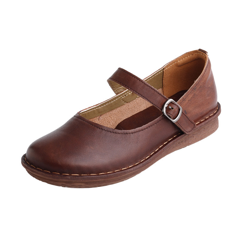 Women Casual Retro Leather Handmade Buckle Flats-RAIIFY