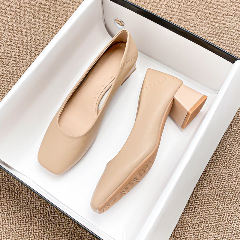 Women Minimalist Soft Comfort Leather Chunky Heel Pumps-RAIIFY