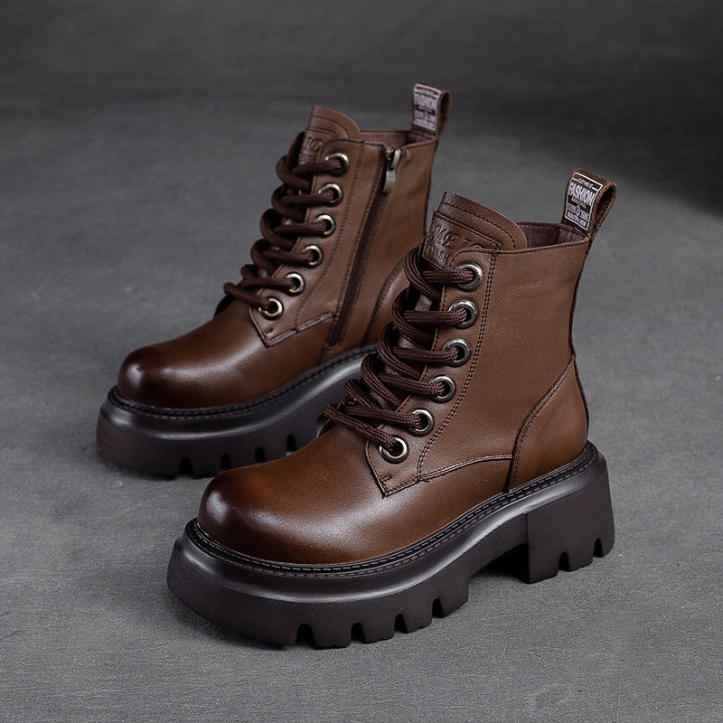 Women Retro Minimalist Classic Leather Lug Sole Boots-RAIIFY