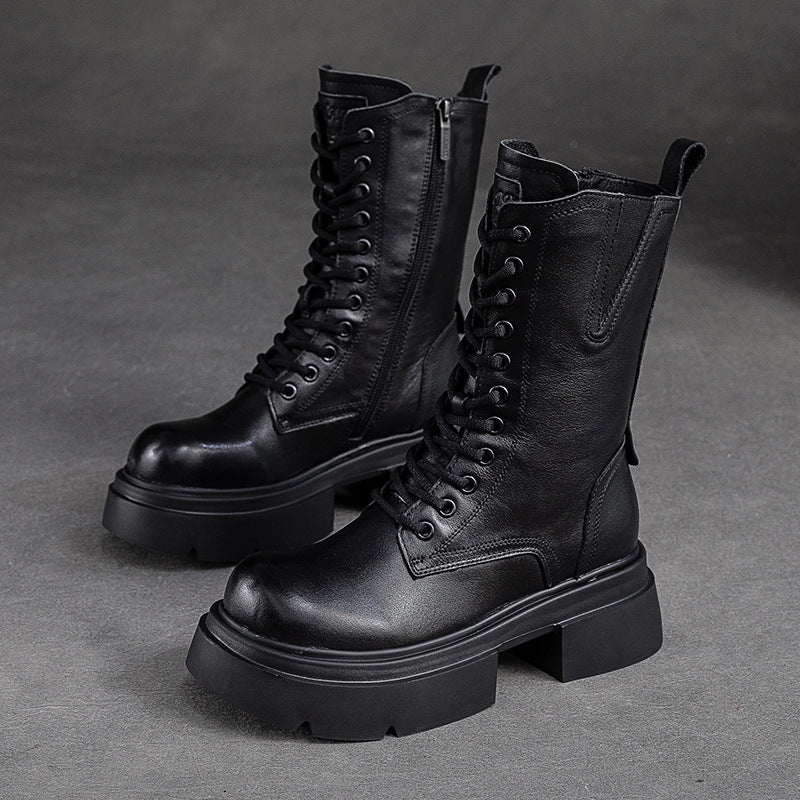 Women Retro Classic Leather Platform Mid-Calf Boots-RAIIFY