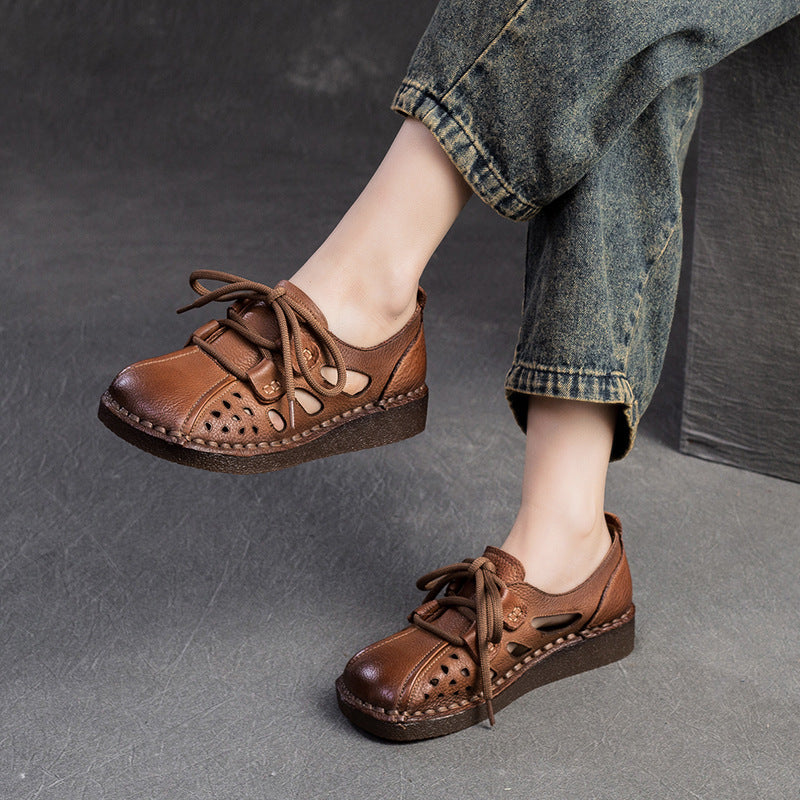 Women Retro Hollow Leather Flat Casual Shoes-RAIIFY