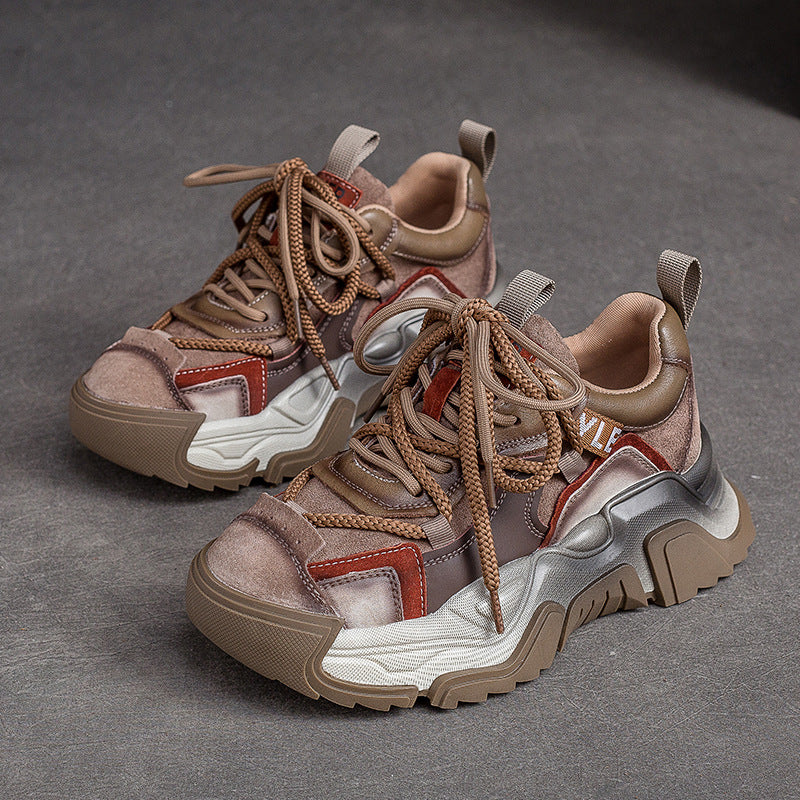 Women Retro Patchwork Leather Platform Dad Sneakers-RAIIFY